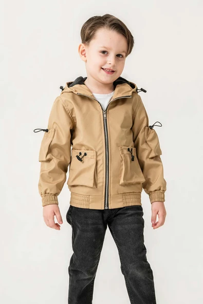 Çift Cepli Kapüşonlu Astarlı Su Geçirmez Erkek Çocuk Ceket - Resim 6