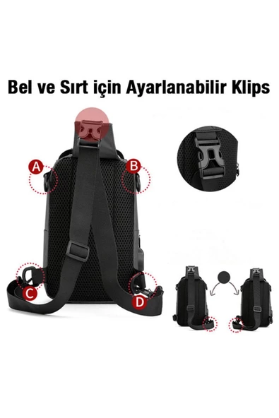 Usb Şarj Girişli Çok Fonksiyonlu Su Geçirmez Erkek Bel Ve Sırt Çantası Siyah