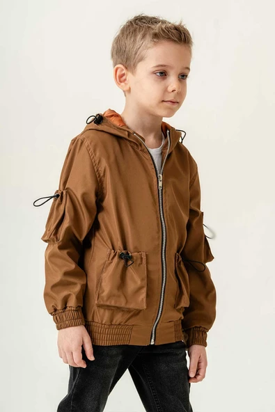 Çift Cepli Kapüşonlu Astarlı Su Geçirmez Erkek Çocuk Ceket - Resim 4
