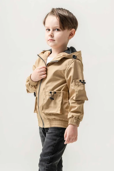 Çift Cepli Kapüşonlu Astarlı Su Geçirmez Erkek Çocuk Ceket - 9