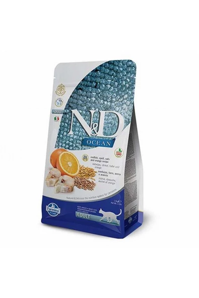 N&D Ocean Morina Balığı, Kılçıksız Buğday, Yulaf & Portakal Yetişkin Kedi Maması, 1,5 Kg