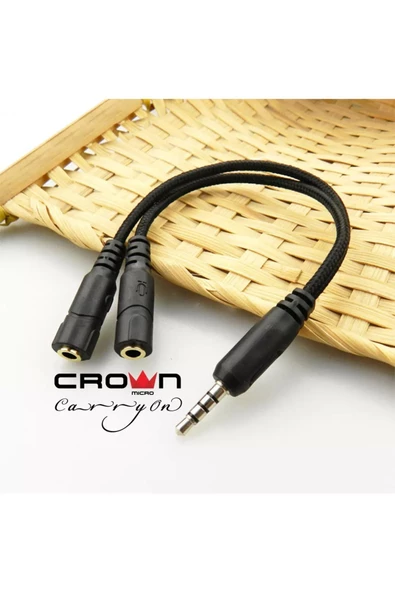 Crown Micro 3.5mm Kulaklık Mikrofon Dönüştürücü Çevirici Switch Splitter Y Örgü Kablo 2 Dişi 1 Erkek - 2