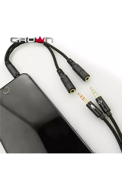 Crown Micro 3.5mm Kulaklık Mikrofon Dönüştürücü Çevirici Switch Splitter Y Örgü Kablo 2 Dişi 1 Erkek - 3