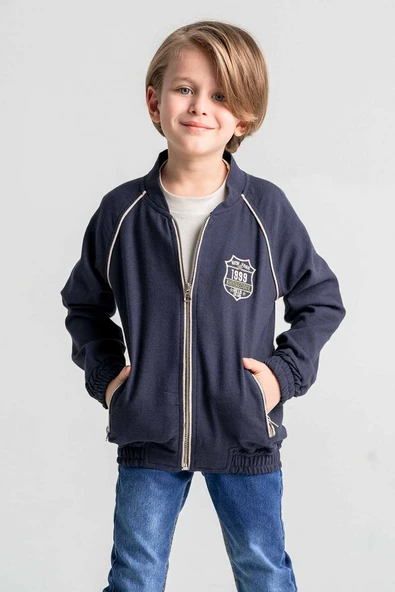 Çift Cepli Fermuarlı Astarlı Nakışlı Keten Erkek Çocuk Ceket - Resim 9