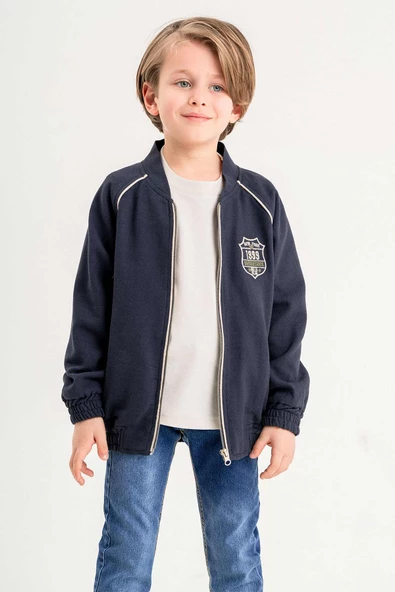 Çift Cepli Fermuarlı Astarlı Nakışlı Keten Erkek Çocuk Ceket - Resim 8