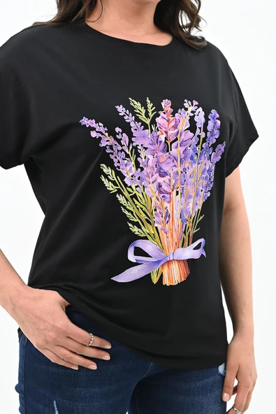 Kadın Büyük Beden Lavanta Baskı Detaylı T-shirt 1781-25 - 6