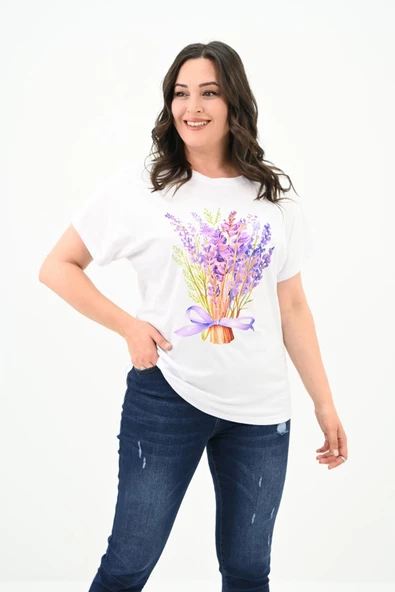 Kadın Büyük Beden Lavanta Baskı Detaylı T-shirt 1781-25 - 9