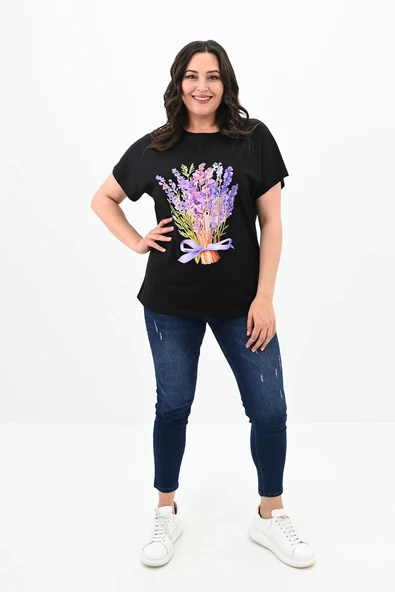 Kadın Büyük Beden Lavanta Baskı Detaylı T-shirt 1781-25 - 3