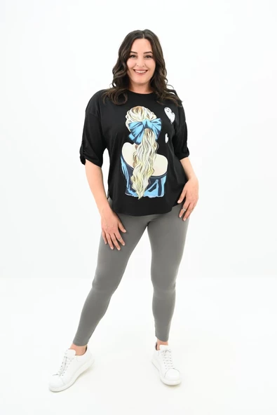 Kadın Büyük Beden Kalp Baskılı Oversize T-shirt 1773-3-24 - 3