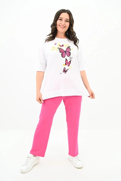 Kadın Büyük Beden Kelebek Baskı Detaylı T-shirt Takım 8114-25 - 12