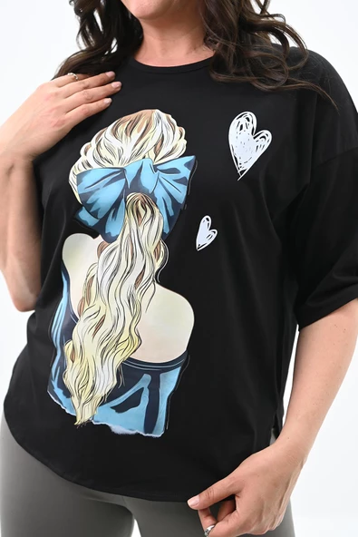 Kadın Büyük Beden Kalp Baskılı Oversize T-shirt 1773-3-24 - 6