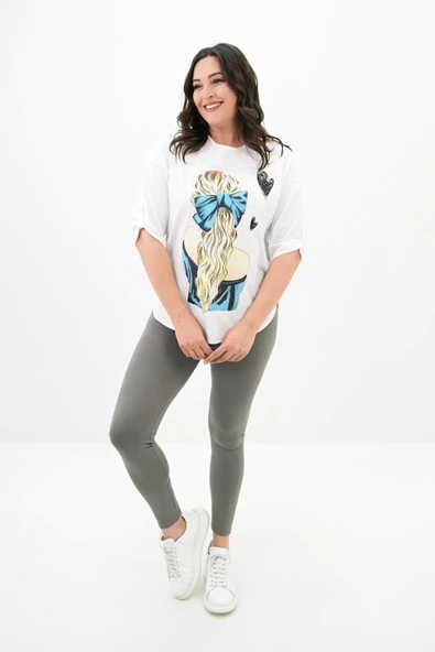 Kadın Büyük Beden Kalp Baskılı Oversize T-shirt 1773-3-24 - 8