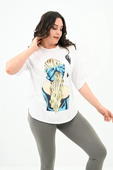 Kadın Büyük Beden Kalp Baskılı Oversize T-shirt 1773-3-24 - 9