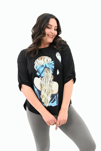 Kadın Büyük Beden Kalp Baskılı Oversize T-shirt 1773-3-24 - 4