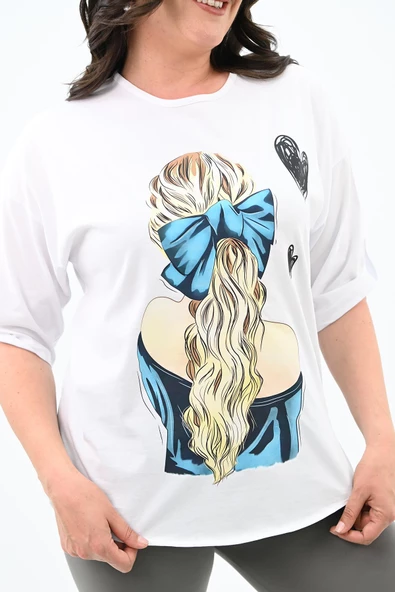Kadın Büyük Beden Kalp Baskılı Oversize T-shirt 1773-3-24 - 11