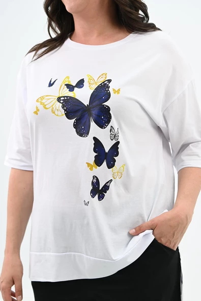 Kadın Büyük Beden Kelebek Baskı Detaylı T-shirt Takım 8114-25 - 6