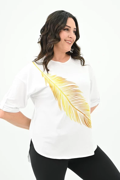 Kadın Büyük Beden Baskı Detaylı T-shirt 1773-2-24 - 7