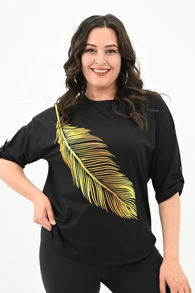 Kadın Büyük Beden Baskı Detaylı T-shirt 1773-2-24 - 2