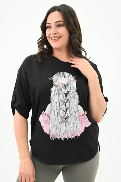 Kadın Büyük Beden Düşük Omuz Oversize T-shirt 1773-1-24 - 2