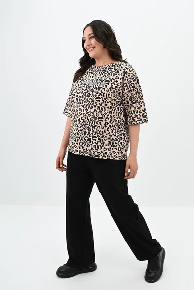 Kadın Büyük Beden Leopar Desenli T-shirt Takım 8113-24 - 8