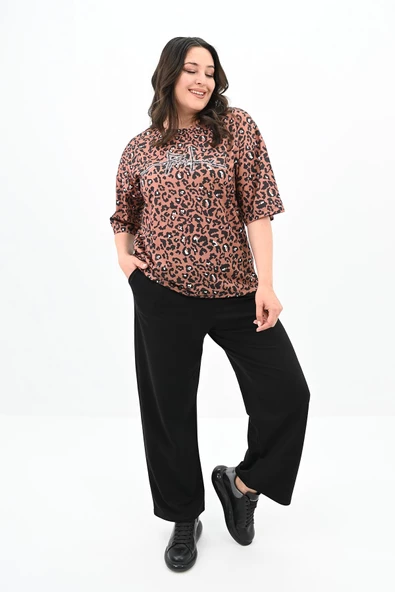 Kadın Büyük Beden Leopar Desenli T-shirt Takım 8113-24 - 3