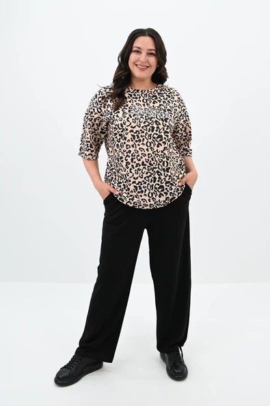Kadın Büyük Beden Leopar Desenli T-shirt Takım 8113-24 - 7