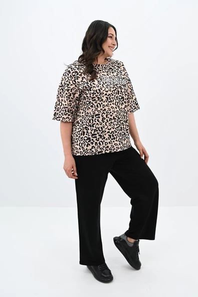 Kadın Büyük Beden Leopar Desenli T-shirt Takım 8113-24 - 9