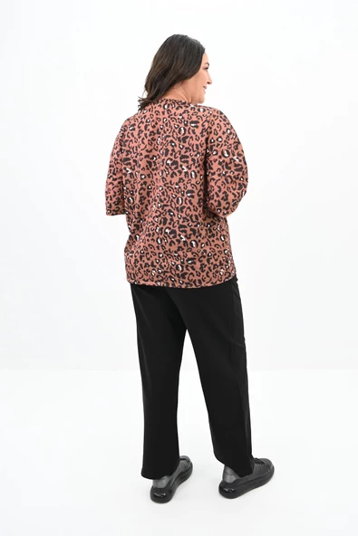 Kadın Büyük Beden Leopar Desenli T-shirt Takım 8113-24 - 5