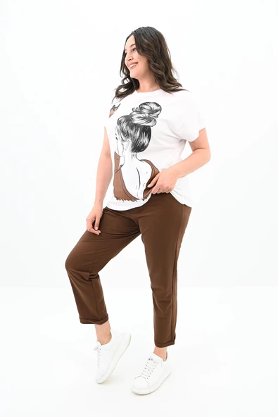 Kadın Büyük Beden Kız Baskılı T-shirt Takım 3800-23 - 4