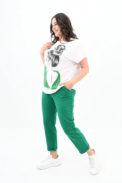 Kadın Büyük Beden Kız Baskılı T-shirt Takım 3800-23 - 9