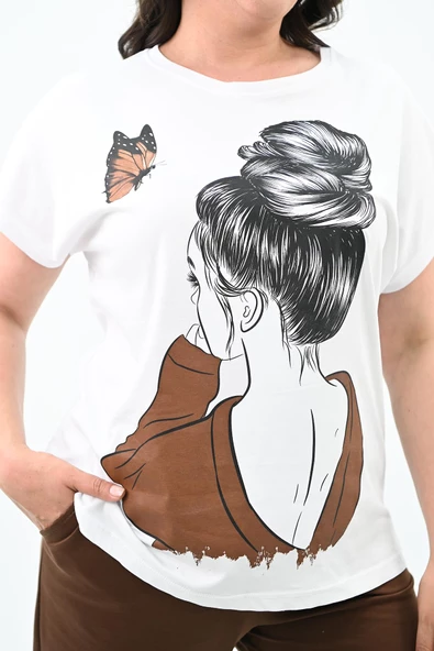 Kadın Büyük Beden Kız Baskılı T-shirt Takım 3800-23 - 6