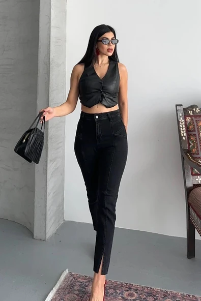 Önü Ekstra Dikişli ve Paçaları Yırtmaçlı Cepli Yüksek Belli Mom Kadın Kot Pantolon Antrasit Denim - 5