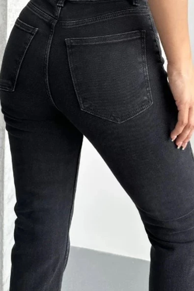 Önü Ekstra Dikişli ve Paçaları Yırtmaçlı Cepli Yüksek Belli Mom Kadın Kot Pantolon Antrasit Denim - 4