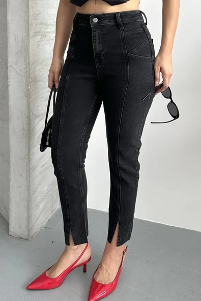 Önü Ekstra Dikişli ve Paçaları Yırtmaçlı Cepli Yüksek Belli Mom Kadın Kot Pantolon Antrasit Denim - 6