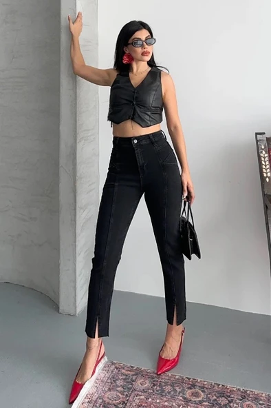 Önü Ekstra Dikişli ve Paçaları Yırtmaçlı Cepli Yüksek Belli Mom Kadın Kot Pantolon Antrasit Denim