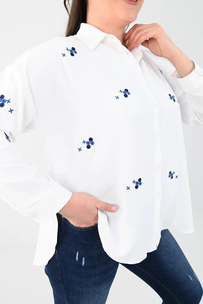 Kadın Büyük Beden Nakış Detaylı Gömlek 1724-1-24 - 9