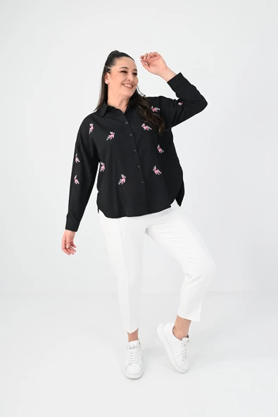 Kadın Büyük Beden Nakış Detaylı Gömlek 1724-1-24 - 2