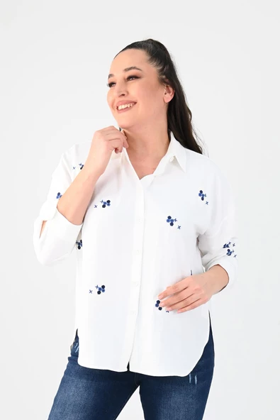 Kadın Büyük Beden Nakış Detaylı Gömlek 1724-1-24 - 7