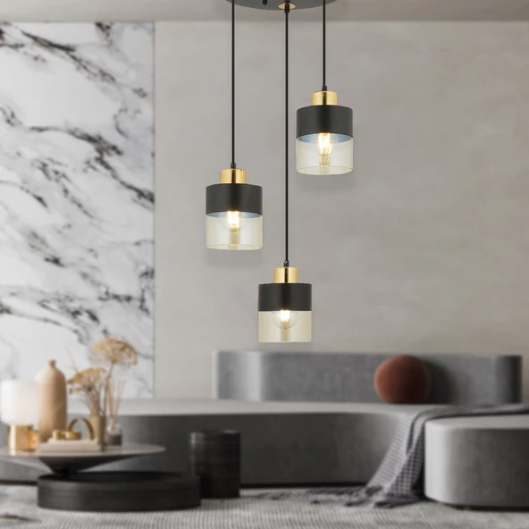 Apliqa Boris 3Lü Yuvarlak Siyah Gold Sarkıt Modern Genç Odası Mutfak Retro Salon Avize - 3