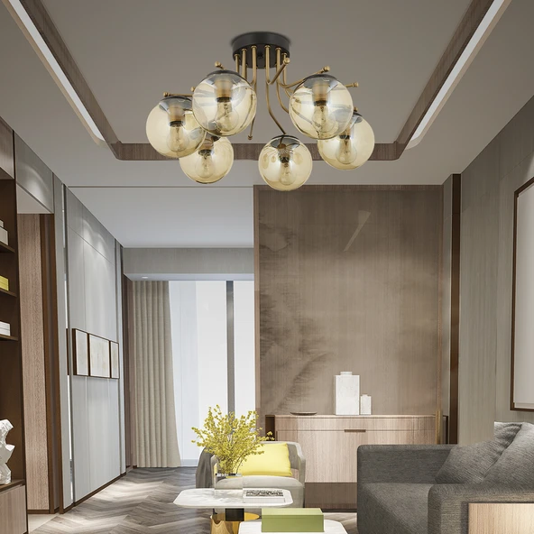 Edin 6Lı Siyah Eskitme Bal Camlı Modern Genç Odası Yatak Odası Salon Avize ürün görseli 1