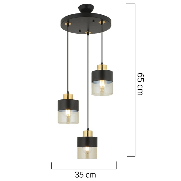 Apliqa Boris 3Lü Yuvarlak Siyah Gold  Sarkıt Modern Genç Odası Mutfak Retro Salon Avize - 6
