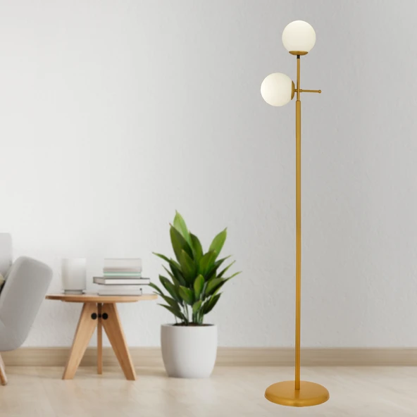 Günay 2li Gold Beyaz Camlı Modern Dekoratif Tasarım Oturma Odası-Salon Lambader ürün görseli 1