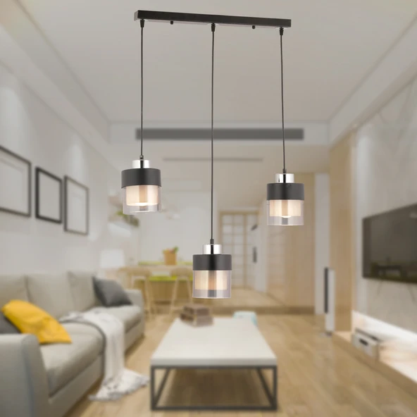 Boris 3 Lü Sıralı Siyah-Krom Sarkıt Modern Genç Odası Mutfak Salon Sarkıt Avize ürün görseli 1