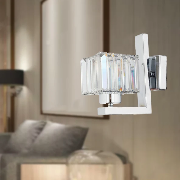 Rivia Krom Kaplama Kristal Taşlı Duvar Lambası Yatak Odası-Yatak Başı-Salon için Aplik ürün görseli 1