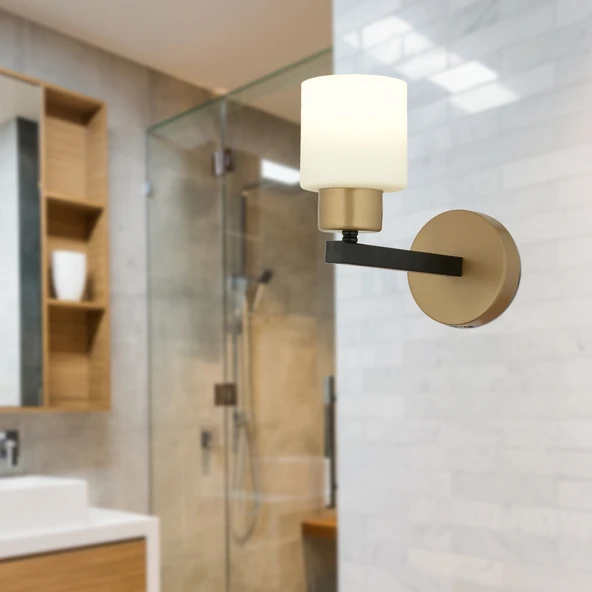 Jade Eskitme Siyah Boyalı Beyaz Camlı Duvar Lambası Yatak Odası-Banyo-Yatak Başı Aplik ürün görseli 1