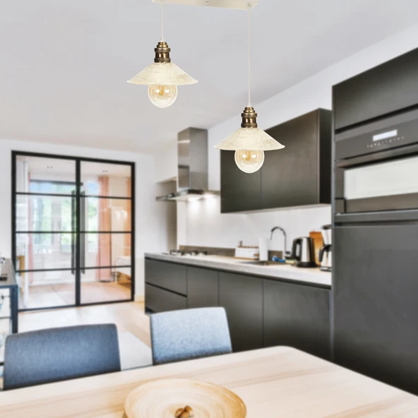 Gönen 2Li Beyaz Sıralı Patinalı Modern Retro Sarkıt Mutfak Salon Avize - Resim 2