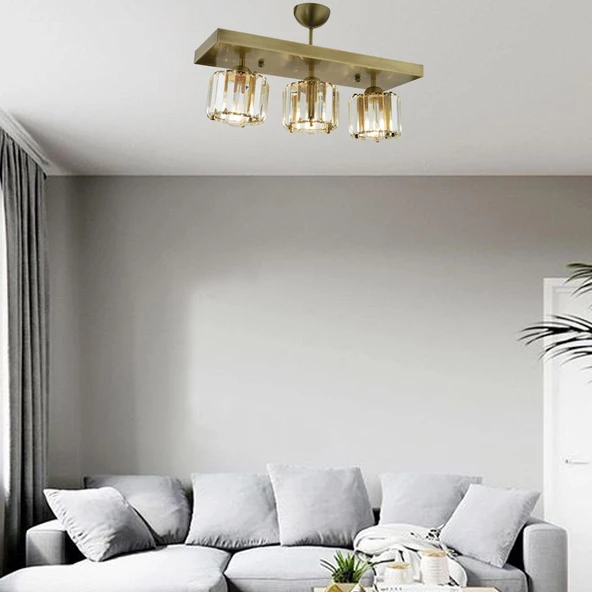Apliqa Sabrina 3 Lü Sıralı Eskitme Plafonyer Kristalli Taşlı Modern Tasarım Kristal Salon Avize - 3