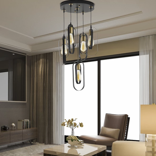 Apliqa Koza 5Li Yuvarlak Siyah Modern Genç Odası Mutfak Retro Salon Sarkıt Avize