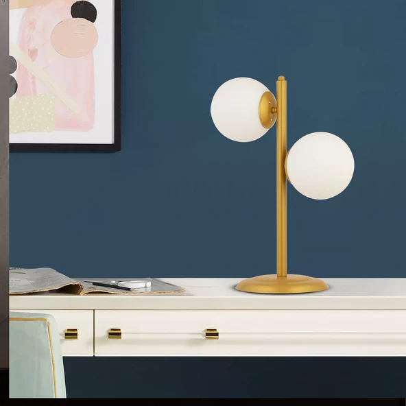 Apliqa Siena 2Li Gold Boyalı Beyaz Camlı Masa Lambası Modern Tasarım -Yatak Odası-Salon Abajur