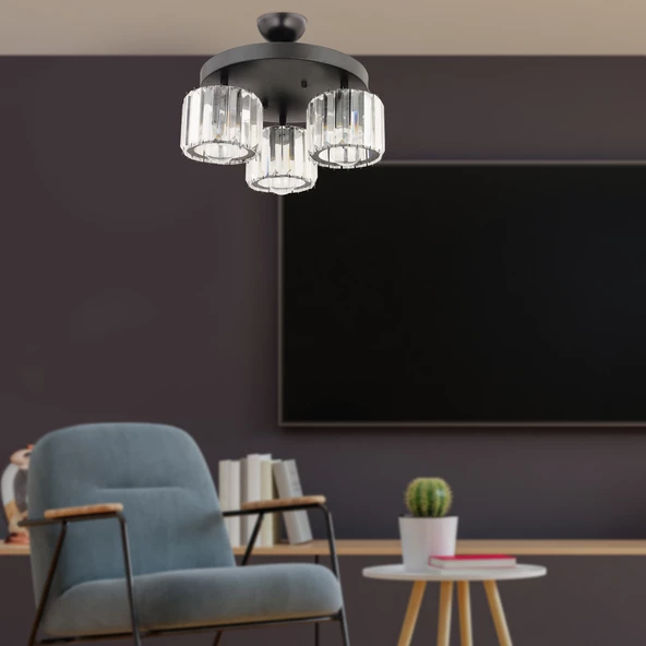 Apliqa Sabrina 3Lü Siyah Yuvarlak Kristalli Taşlı Modern Tasarım Kristal Salon Plafonyer Avize